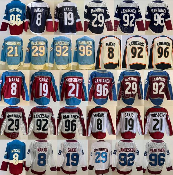 Hockey sur glace Reverse Retro 8 Cale Makar Jersey Man 96 Mikko Rantanen 19 Joe Sakic 21 Peter Forsberg 29 Nathan MacKinnon 92 Gabriel Landeskog Stadium Series Bleu Blanc