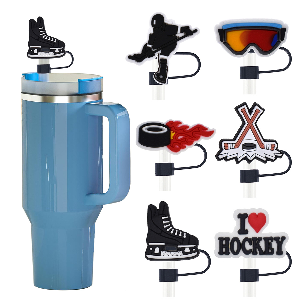 Bouchon de paille de série de sport de Hockey sur glace, bouchon anti-poussière de boisson, décoration de paille personnalisée de fête transfrontalière de 10mm