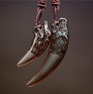 Glace obsidienne loup dents collier pendentif amulette jade pendentif bijoux fins avec chaîne