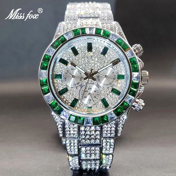 Ice Out Green Diamond Watch para hombres Marca de lujo Estilo deportivo Cronógrafo Relojes de cuarzo para hombres Reloj duradero Bueno para el valor 240314