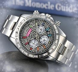 ICE Out Hip Hop Heren Kleurrijke Diamanten Ring Shine Starry Dial Horloges 42mm Roestvrij staal Quartz Batterij Super Volledig Functioneel Vrije tijd Auto Dag Datum Tijd Horloge Geschenken