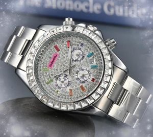 ICE Out Hip Hop Heren Kleurrijke Diamanten Ring Shine Starry Dial Horloges 42mm Roestvrij staal Quartz Batterij Multifunctionele Chronograaf Goud Zilver Vrije tijd kleurenhorloge