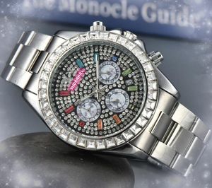 ICE Out Hip Hop Heren Kleurrijke Diamanten Ring Shine Starry Dial Horloges 42mm Roestvrij staal Quartz Batterij Super Volledig Functioneel Goud Zilver Vrije tijd kleur horloge geschenken