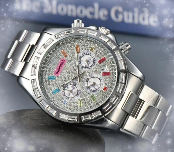 ICE Out Hip Hop Anillo de diamantes coloridos para hombre Reloj con esfera estrellada brillante Batería de cuarzo de acero inoxidable de 42 mm Reloj cronógrafo multifunción orologio di lusso regalos