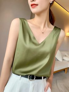 Ice Silk Camisole Dames V-Neck Tops White Satin Camis Mulberry Summer Ladies Crop Top Women Solid Blouse Vest 240520