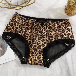 Culotte léopard en soie glacée pour femmes, cool, sexy, transparente, taille chaude, triangle, nœud, culotte pour filles, sans trace