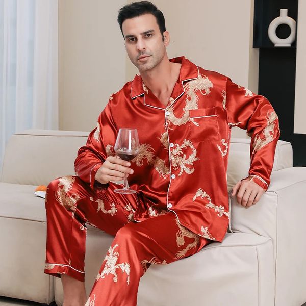 Pyjamas de soie de glace pour hommes printemps et automne à manches longues dragon rouges zodiaque année d'été