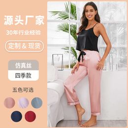 Ice Silk Pyjama's voor vrouwen, Summer Camisole -jurk en broekset, nieuwe minimalistische en casual simulatie zijde, kunnen extern worden gedragen voor huiskleding voor vrouwen