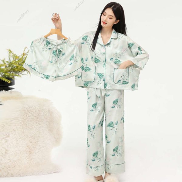 Pyjama en soie glacée pour femmes, nouveau produit, pantalon à manches longues, short, ensemble trois pièces, haut de gamme, léger, luxe, imprimé, vêtements de maison fins