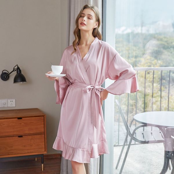 Robe de nuit à volants en soie glacée pour femmes, peignoir en soie, Sexy, léger, de luxe, robe de matin pour mariée