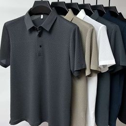 Haut d'été en soie glacée, T-shirt court en maille, couleur lisse, Polo à manches mi-longues, vêtements pour hommes chauds