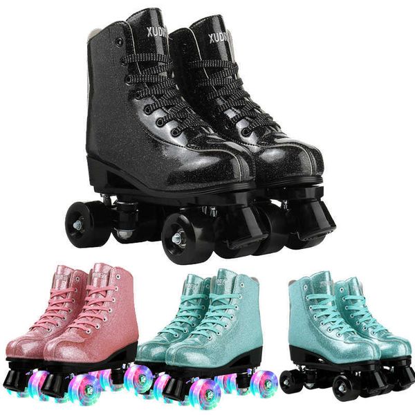 Patins à glace 2022 Nouveau style Quad Roller Femmes Grils Cuir artificiel Débutant Extérieur Shine Led Light 4 Roues PU ABEC-7 82A Patinage L221014