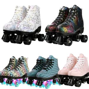 Schaatsen graffiti roller pu lederen dubbele lijn vrouwen mannen volwassen twee skate schoenen patines met vier kleuren 4 wielen l221014