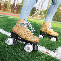 Schaatsen Microveiber lederen roller geprinte volwassen dubbele lijn vrouwen zilvergoud twee schaatsenschoenen Flash Pu 4 wielen L221014