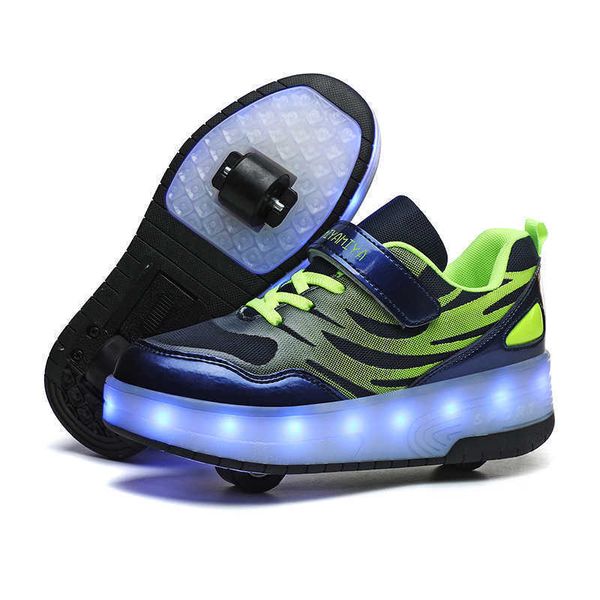 Nuevos patines de hielo para niños, zapatillas de deporte con ruedas luminosas, zapatos de patín de ruedas LED con crecimiento cargado para niños y niñas, doble L221014