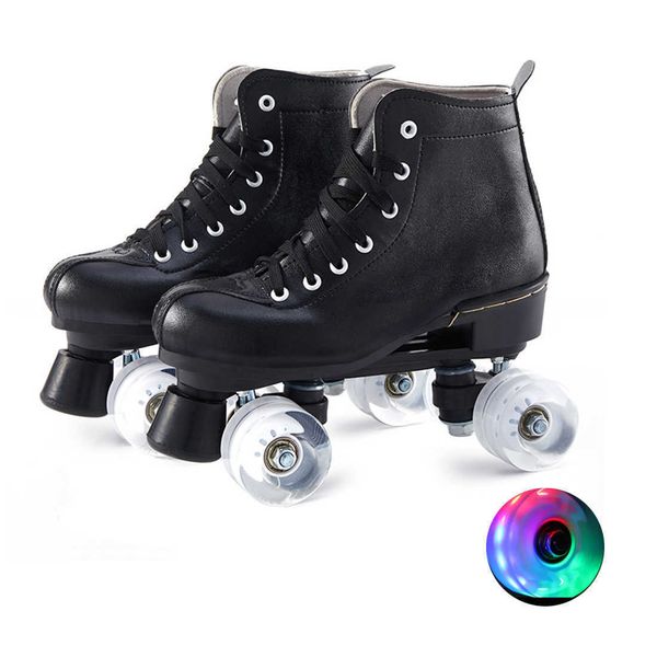 Patines de hielo de cuero PU, zapatillas cuádruples deslizantes para principiantes al aire libre, 2 filas, zapatos para niños adultos, Patines con 4 ruedas Flash L221014