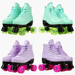 Schaatsen paarse kwaliteit lederen rol dubbele lijn pu twee skate schoenen voor vrouwen mannen volwassen groen 4 wielen patines l221014