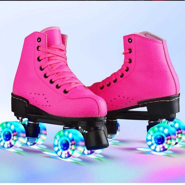 Patins à glace Rose Patins à roulettes en cuir double ligne femmes hommes adultes deux chaussures de skate patines avec pu blanc 4 roues patins L221014