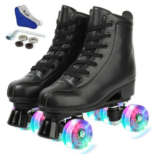 Patins à glace Femmes Noir Pu Cuir Chaussures De Patinage À Roulettes Coulissante Inline Quad Baskets Formation Europe Taille 4 Roues Flash Wheel L221014