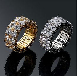 Iced 2 Row 360 Eternity Gold Bling Anneaux Micro Pave Cumbic Zirconia 14K Gold plaqué Simulated Diamants Hing Han Hop For Men Women5819839