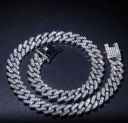 Chaîne cubaine glacée 12 mm Silver Miami Ice Hip Hop Bling Curb Link Collier 2 Row Diamond Righestone Jewelry 16inch-30inch Cuban Chain avec fermoir à boîte