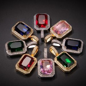 Iced Zirconia Roze Blauw Groen Rood Vierkant Steen Ruby Hanger Ketting Mannen Vrouwen Hip Hop Jewelry231l