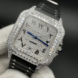 Iced Diamond Reloj para hombre automático Diamantes Caja plateada Bisel baguette de 38,5 mm Esfera árabe Correa de caucho negra