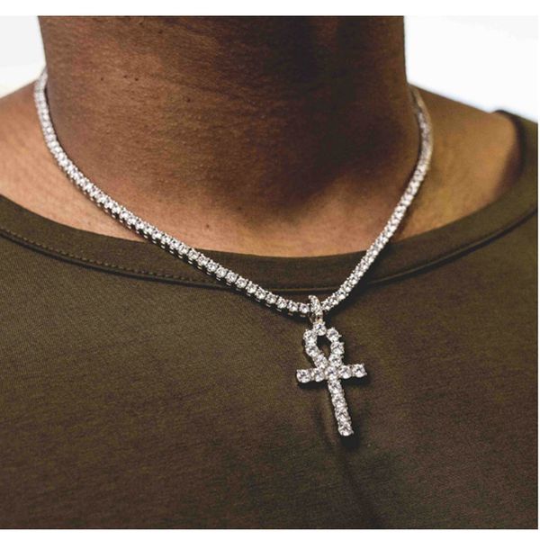 Iced Hip Hop Out Diamond Gold and Silver Egyptian Ankh Key of Life Cross Pendant Tennis Chain Collier Rappeur Bijoux Rivières pour hommes Femmes