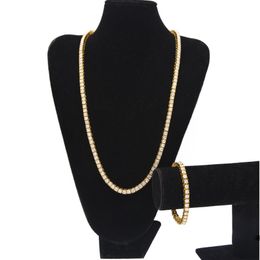 Ensemble de bijoux pour hommes, chaînes en strass glacés, 1 rangée, bracelet et collier en diamant transparent scintillant, Hi207x