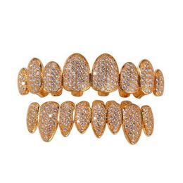 Gelado para fora 14k ouro grelhas dentes de cristal superior inferior diamante grillz hip hop bling zircão cúbico rapper corpo jóias328u