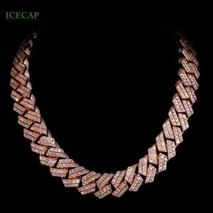 Iced Out 22mm 2 rijen Baguette Moissanite Cubaanse linkketen Rose Gold S925 Sterling Silver Hiphop Cuban Link ketting