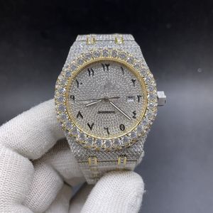 Glacé sur 2 tons boîtier en or jaune 42mm diamants CZ grande lunette diamant visage automatique 2813 hommes montre brillante