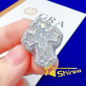 ICED OUT 925 Sterling Silver Hip Hop Moissanite Ring Men Cross Cross Cross Fashion Jewelry Anillos de los dedos