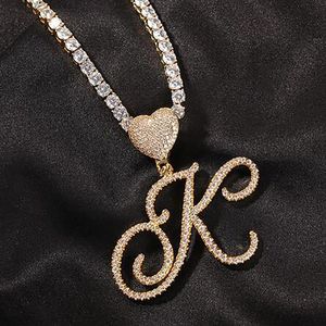 Iced Out A-Z Cursive écriture lettres pendentif collier amour coeur cerceau charme avec 24 pouces corde colliers zircone Hiphop bijoux208z