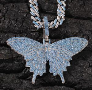 Collier pendentif grand papillon animal glacé avec chaîne cubaine bleue argent bleu plaqué or pour hommes Hip Hop Bling bijoux cadeau 8498769