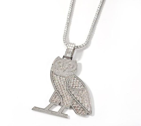 Collier de chouet animal glacé pendant or argent plaqué micro zircon pour hommes