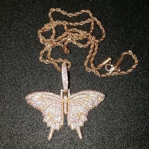 Iced Out Dier Roze vlinder Hanger Ketting Met Ketting Rosegoud Goud Zilver Kubieke Zirkoon Mannen Vrouwen Hiphop Rock Jewelry279w