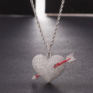 Collier pendentif flèche glacée à travers le cœur pour hommes, chaîne en corde, couleur or, Zircon cubique scintillant, bijoux Hip Hop 2973