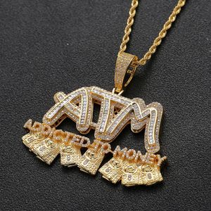 Baguette glacée ATM lettres pendentif avec chaîne de corde or argent Bling zircone hommes HipHop collier bijoux 209u