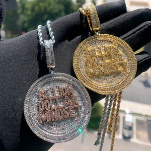 Iced Out Billion Dollar Mindset Letter Collar con colgante redondo con cadena de cuerda Hip Hop Mujeres Hombres Pavimentado completo 5A Cubic Zirconia Boss Hombres Joyería de regalo