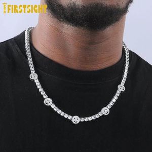 Iced Out Bling 5mm Tennis Chain Glimlach Gezicht Hanger Ketting Zilver Kleur AAA Zirkoon Charm Vrouwen Mannen Hip Hop mode-sieraden 240311