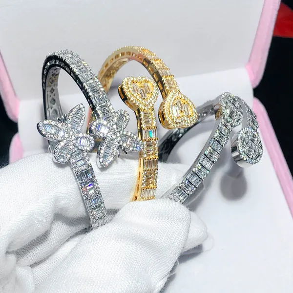 Iced Out Bling Baguette CZ Papillon Coeur Bracelet Zircon Ovale Charme Bracelet Ouvert Pour Hommes Femmes Hiphop Bijoux De Luxe