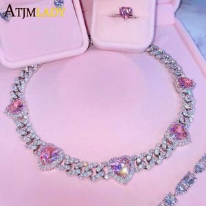 Iced Out Bling Cubic Zirconia 11mm Miami Cuban Link Chain Hearts ketting Pink hart CZ Charm Choker Jewelry Hiphop voor vrouwen 220715