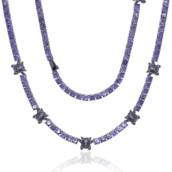 Iced Out Bling Cubic Zirconia Tennis Chain collar para Hombres Mujeres Full Paved Purple Cz Stone Moda Geng Ghost colgante gargantilla Cadena Joyería