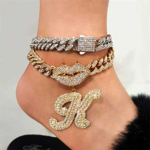 ICED OUT BLING CURSIVE A Z Letting Cain Cain Anklet for Women 13 mm Enlace Inicials Anucos de fiesta Joyería Tophop 230719