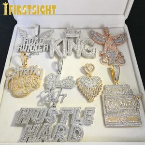 Iced Out Bling CZ Letter Hustle Hard Rich Lucky Pendant Necklace 5a Zirkon Badge Fluorescentie Charms Men Hip Hop Jewelry 240226