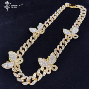 Glacé Bling CZ Miami chaîne à maillons cubains papillon collier ras du cou à breloques Hip Hop or argent couleur colliers bijoux pour femmes 188x