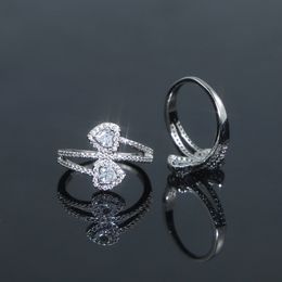 Iced Out Bling CZ pavé coeur anneau petite amie amant mode mignon Double coeur forme mariée mariage fête bagues bijoux en gros