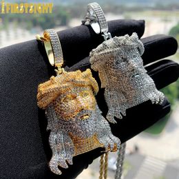 Iced Out Bling CZ Religieuze Jezus Hoofd Hanger Ketting Goud Kleur 5A Zirkoon Geloof Chamr Heren Hip Hop Jewelry240312