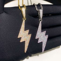 Iced Out Bling Full Cubic Brick Lightning Bolt colgante cadena de cuerda trenzada collar de Hip Hop joyería de moda para hombres